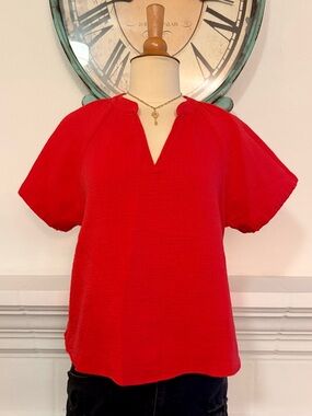 Calvin Klein Red V-Neck Short Sleeve Blouse